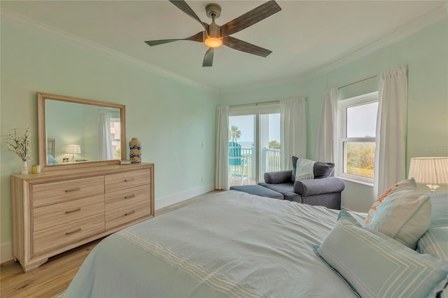 bedroom with ceiling fan, crown molding, access to outside, and light hardwood / wood-style flooring