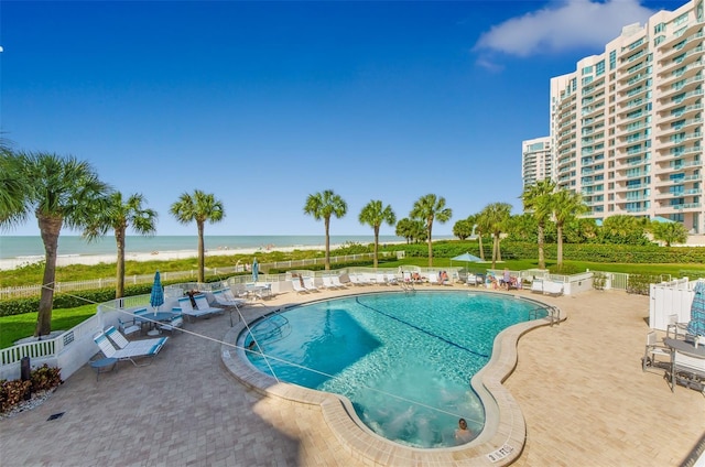 view of swimming pool with a patio area, a water view, and a view of the beach