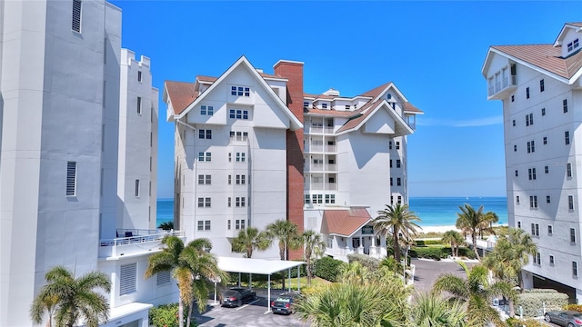 view of building exterior with a water view