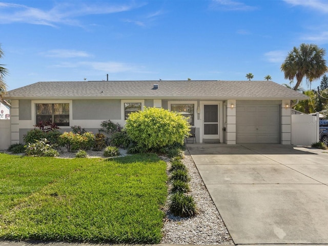 ranch-style house featuring a front lawn and a garage