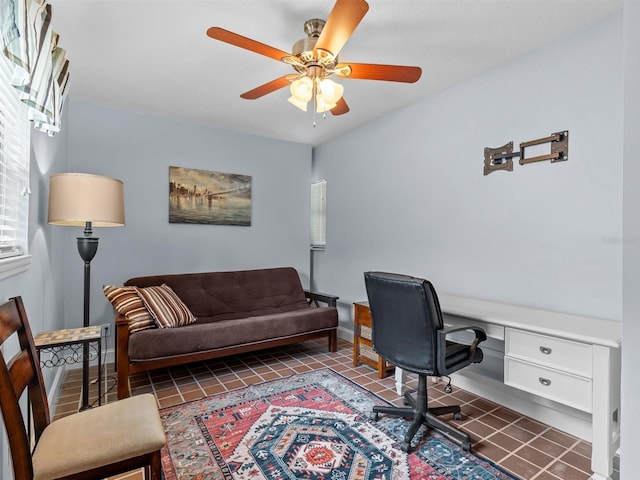 tiled office with ceiling fan