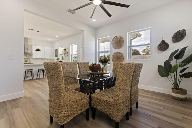 dining room with ceiling fan, light hardwood / wood-style floors, and a healthy amount of sunlight