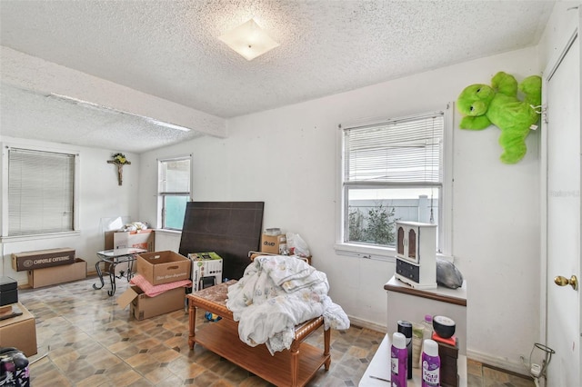 living room featuring a healthy amount of sunlight and a textured ceiling