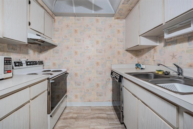kitchen with white electric range oven, a sink, baseboards, wallpapered walls, and under cabinet range hood