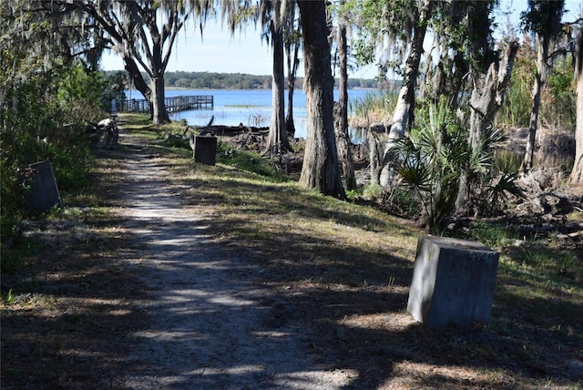 view of street with a water view