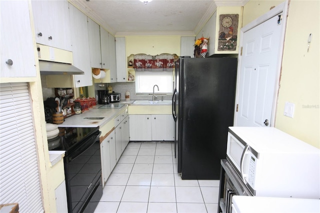 kitchen with white cabinets, black appliances, sink, ornamental molding, and light tile patterned floors