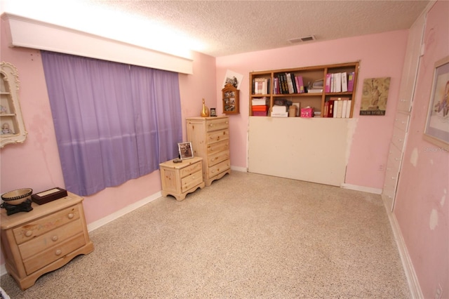 interior space with carpet and a textured ceiling