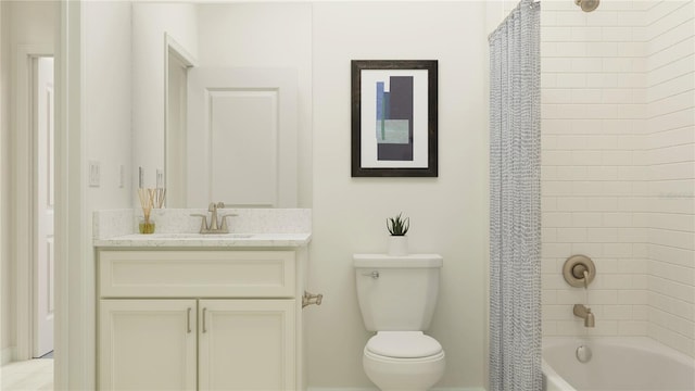 full bathroom with vanity, toilet, and shower / bathtub combination with curtain