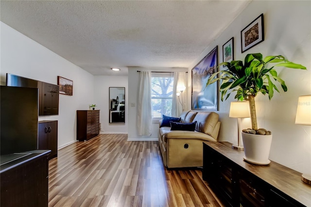 living room featuring light hardwood / wood-style flooring and a textured ceiling