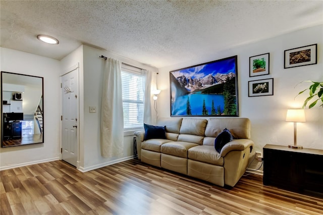 living room with light hardwood / wood-style flooring and a textured ceiling