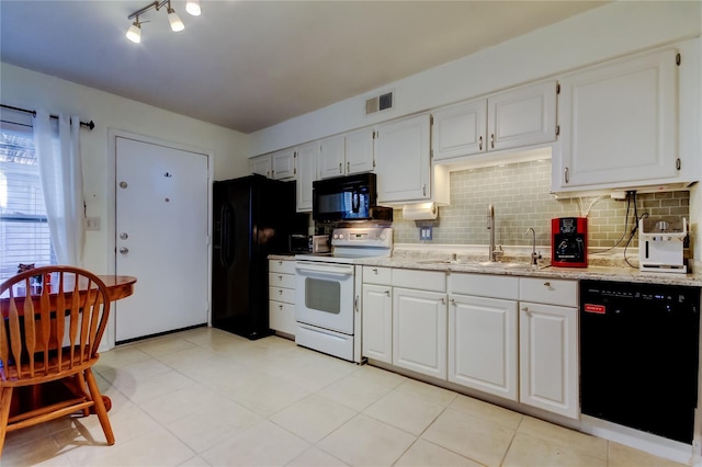 kitchen with white cabinetry, backsplash, sink, and black appliances