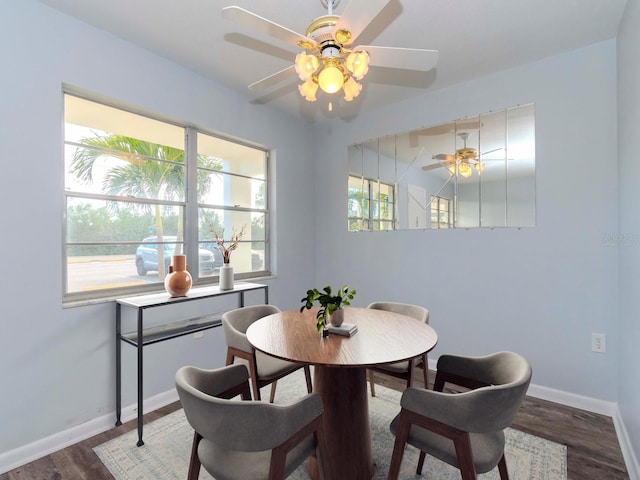 dining room featuring ceiling fan and dark wood-type flooring