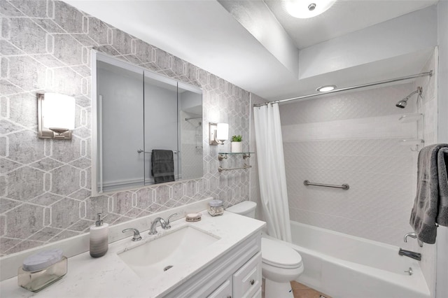 full bathroom featuring shower / bathtub combination with curtain, backsplash, toilet, vanity, and tile walls