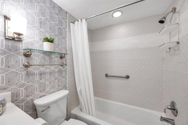 bathroom with toilet and shower / bath combo with shower curtain