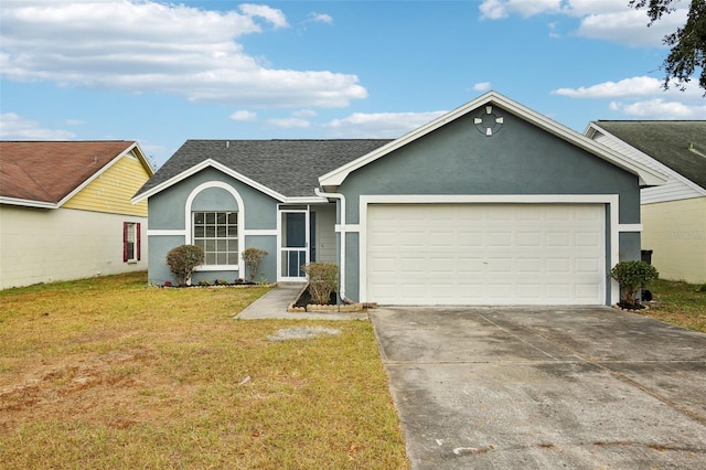 single story home with a front lawn and a garage