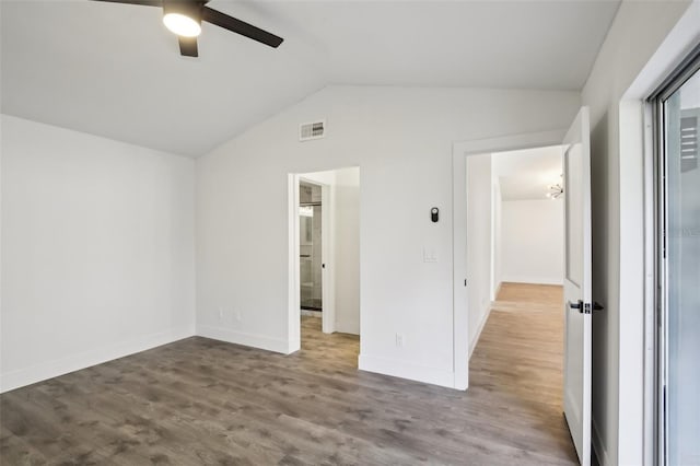 unfurnished bedroom featuring wood-type flooring, vaulted ceiling, and ceiling fan