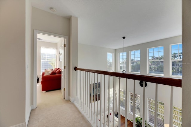 hallway featuring plenty of natural light and light carpet