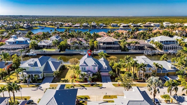 drone / aerial view featuring a water view