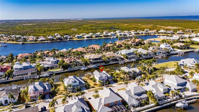 drone / aerial view featuring a water view