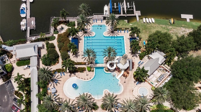 birds eye view of property featuring a water view