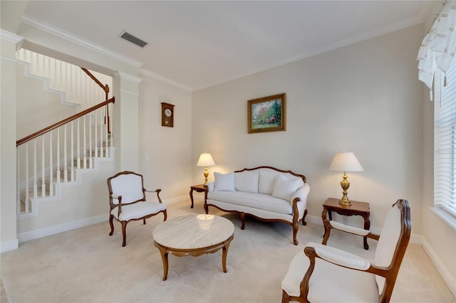 620 Mirabay Blvd, Apollo Beach, FL 33572 - living room with stairs, carpet flooring, and ornamental molding