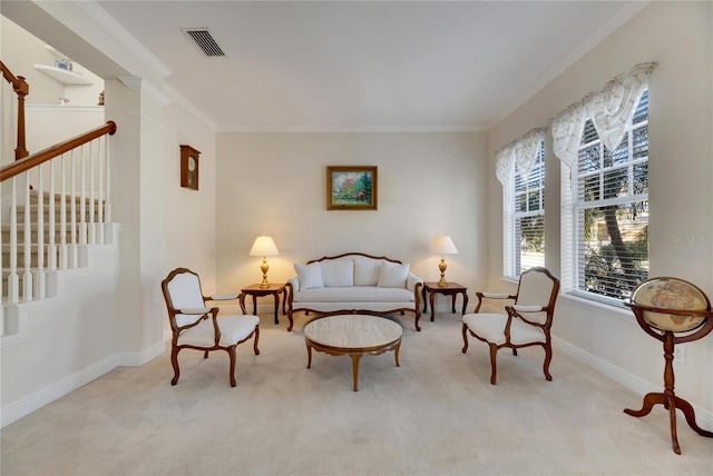 620 Mirabay Blvd, Apollo Beach, FL 33572 - sitting room with ornamental molding, carpet flooring, and stairway