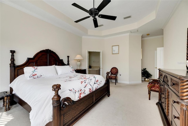 620 Mirabay Blvd, Apollo Beach, FL 33572 - bedroom featuring a tray ceiling, light carpet, ceiling fan, and crown molding