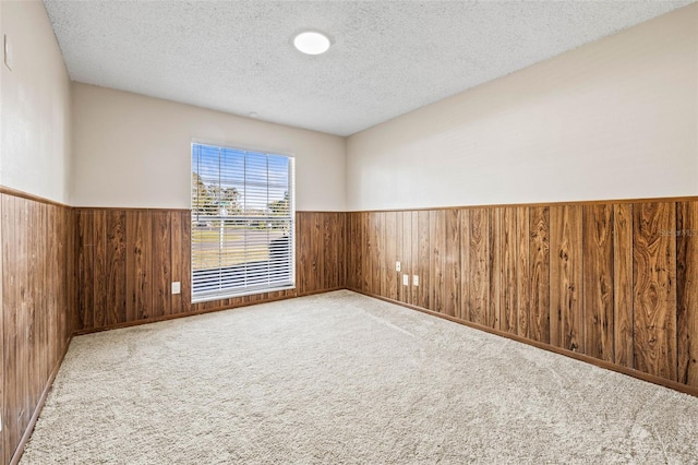 carpeted empty room with a textured ceiling and wooden walls