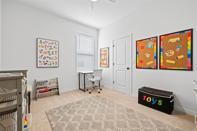 carpeted bedroom featuring ceiling fan