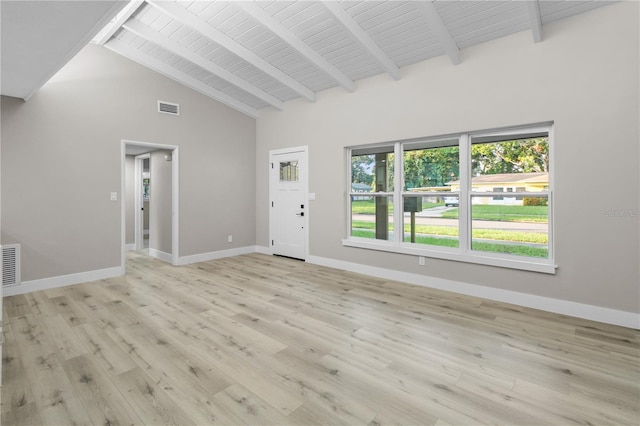 unfurnished living room with beamed ceiling, high vaulted ceiling, and light wood-type flooring