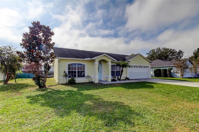 ranch-style house with a front yard and a garage