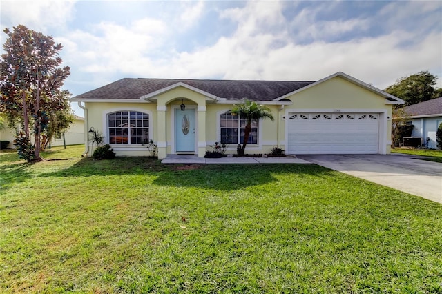 ranch-style home featuring a garage and a front lawn