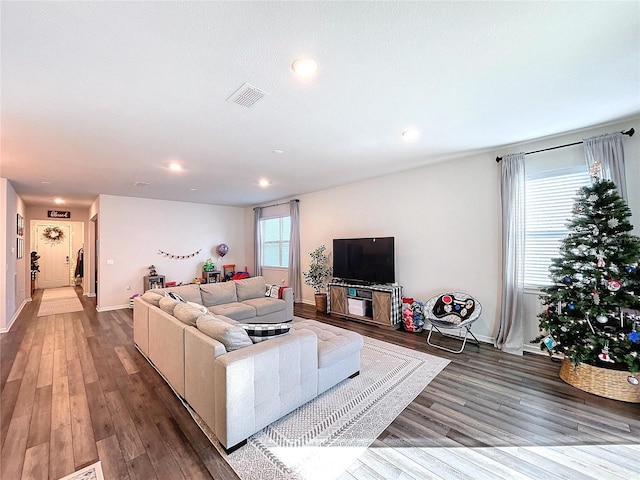 living room with plenty of natural light and wood-type flooring