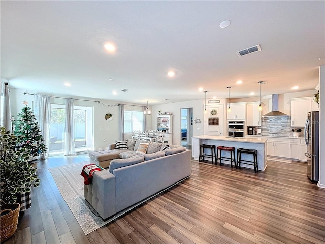 living room featuring hardwood / wood-style floors and sink