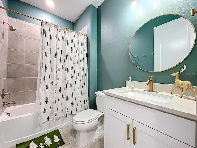 full bathroom with tile patterned flooring, vanity, shower / bath combo, and toilet