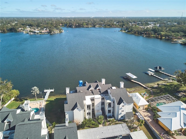 drone / aerial view with a water view