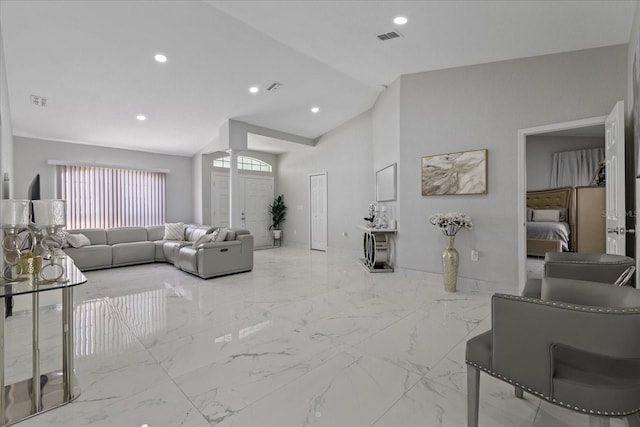 living room with lofted ceiling