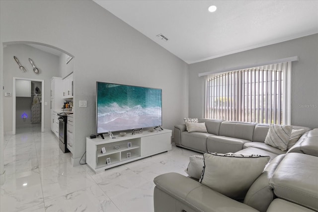 living room with high vaulted ceiling