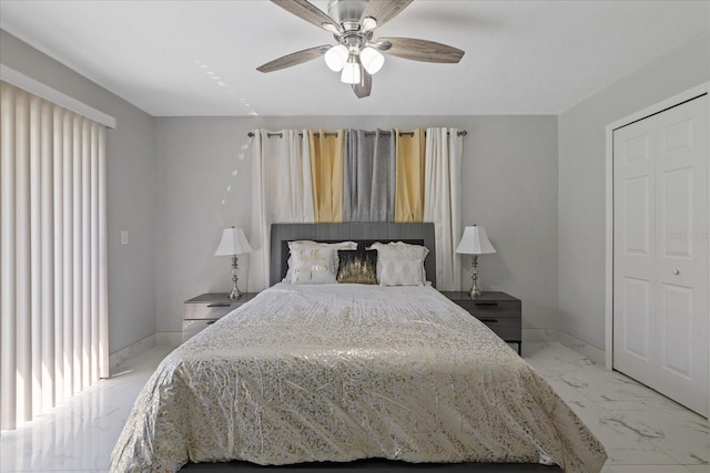 bedroom with ceiling fan and a closet