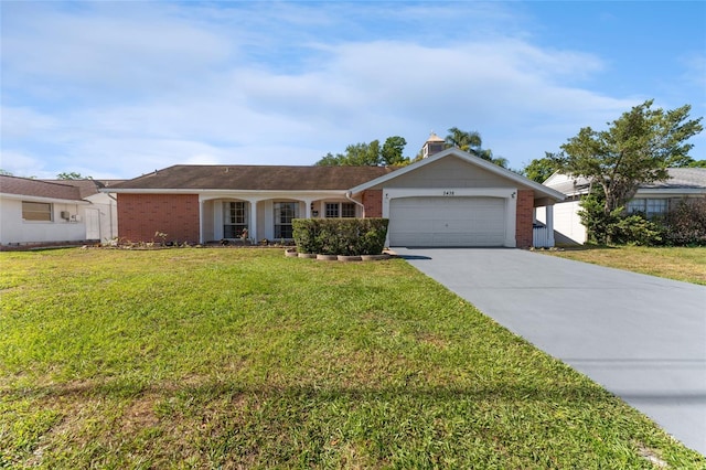 single story home with a garage and a front lawn