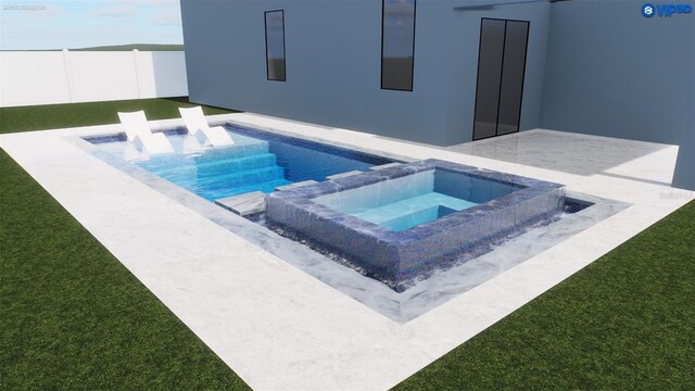 view of swimming pool featuring an in ground hot tub and a lawn