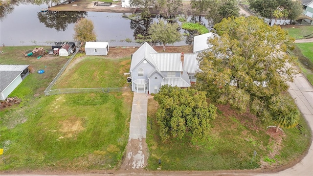 drone / aerial view featuring a water view