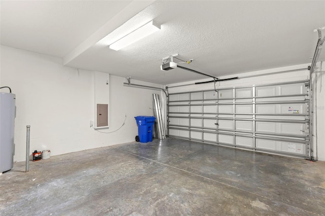 garage featuring electric panel, electric water heater, and a garage door opener