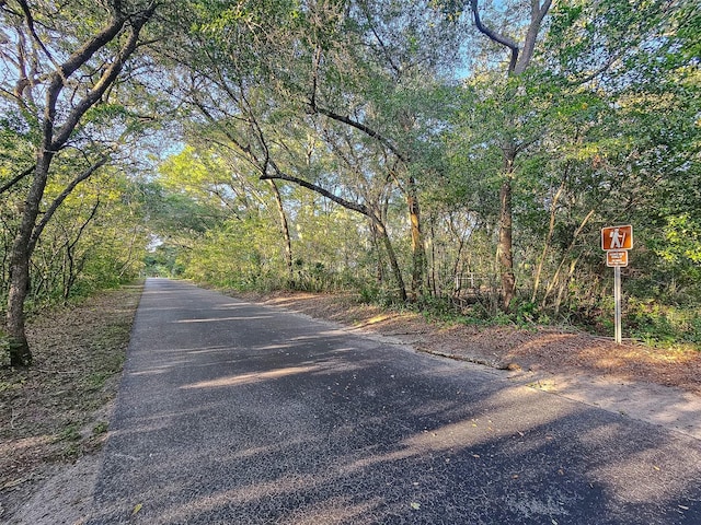 view of road with a wooded view