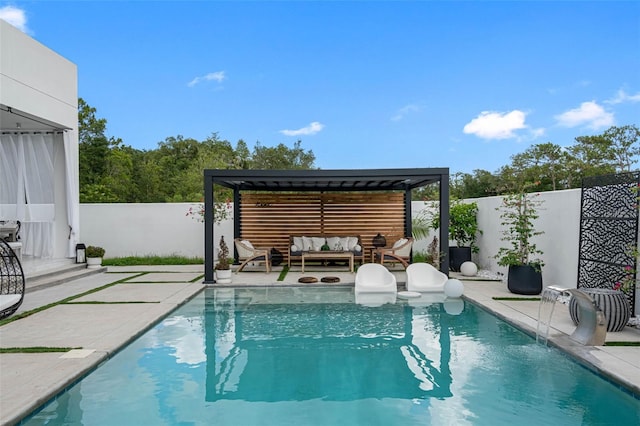 view of swimming pool featuring an outdoor living space, a fenced in pool, a patio, and a fenced backyard