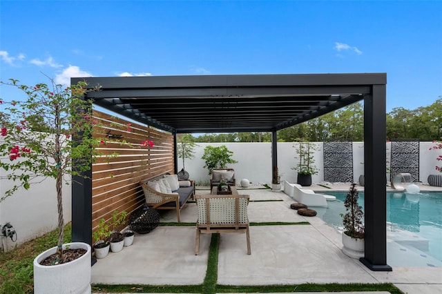 view of patio featuring a fenced backyard, a fenced in pool, and an outdoor hangout area