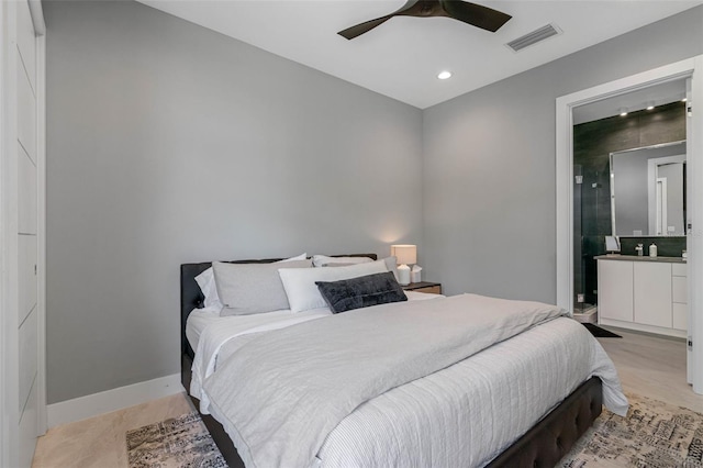 bedroom featuring recessed lighting, baseboards, visible vents, and ceiling fan