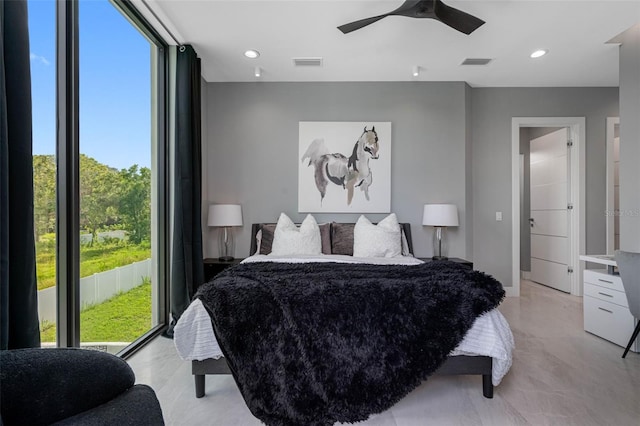 bedroom with visible vents, recessed lighting, and a ceiling fan