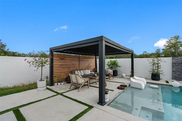 view of patio / terrace with a gazebo, an outdoor hangout area, and a fenced backyard