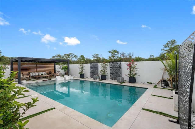 view of pool featuring a fenced in pool, a patio, outdoor lounge area, and a fenced backyard